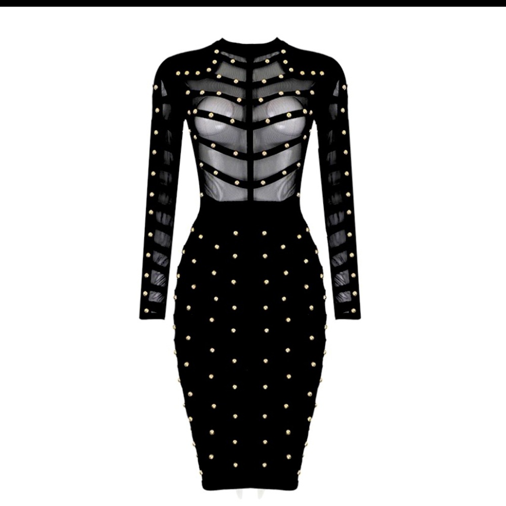 Long Sleeve Bandage Mesh Dress.